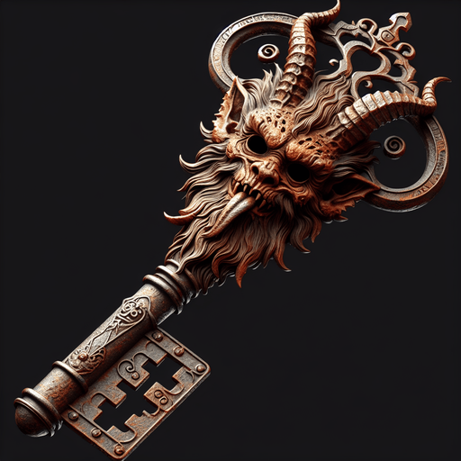 eerie creepy old rusty key with krampus face embossed on it png.
Single Game Texture. In-Game asset. 2d. Blank background. High contrast. No shadows.