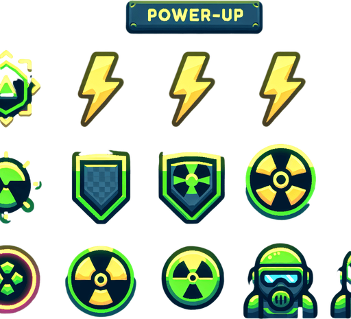 A sprite sheet that has power up icons. Icons include lightning bolt, shield, radioactive symbol and a small soldier. Cyberpunk and using neon glow. Green and yellow highlights. 
Single Game Texture. In-Game asset. 2d. Blank background. High contrast. No shadows.