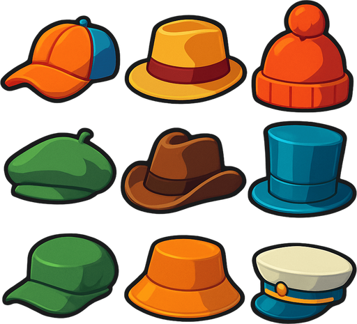 Pack of different hats.
In-Game asset.  High contrast.  No shadows. 3D