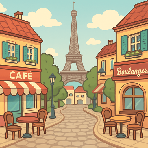 A charming cartoon-style Paris street scene with the Eiffel Tower, cobblestone roads, and café tables. Soft colors and romantic ambiance. Designed for an accordion-themed music game. Export as wide PNG..
In-Game asset.  2d.  High contrast.  No shadows