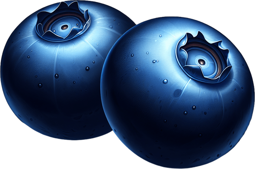 A couple of blueberries.
Single Game Texture. In-Game asset. 2d. Blank background. High contrast. No shadows.