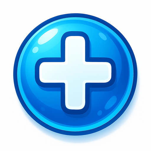A 2D top-down icon for a match-3 special gem with a bright colored jewel (blue or red) and a bold white plus (+) sign on top.
The plus sign should be centered, thick, and clearly visible.
The gem should have a shiny, cartoon-style look with soft gradients and a glowing outline.
No background, transparent, game-ready.