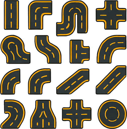 Many types of roads assets for tower defense game. HD colors.
In-Game asset.  2d.  High contrast.  No shadows