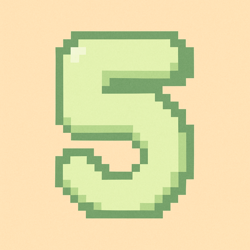A pixel art number "5" designed for a cozy, cute retro 2D game UI with a bird theme. The number is rendered in soft pastel light green tones to harmonize with the gentle and sweet aesthetic of the game. It has a clean, simple, and rounded pixel style with no harsh edges, fitting perfectly within the pixel art UI style. The number is bold and easily readable at small sizes..
In-Game asset.  2d.  High contrast.  No shadows. pixel art. retro. 2d ui. number. pastel light green. simple. rounded edges. bold. cute. minimal