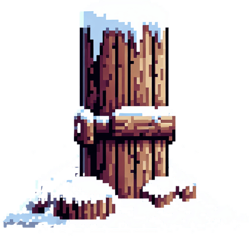 pixel art of a wooden pole with snow at it's base.
Single Game Texture. In-Game asset. 2d. Blank background. High contrast. No shadows.