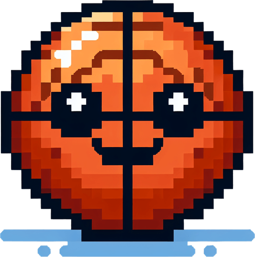 pixel art basketball with a smiley face looking left.
Single Game Texture. In-Game asset. 2d. Blank background. High contrast. No shadows.