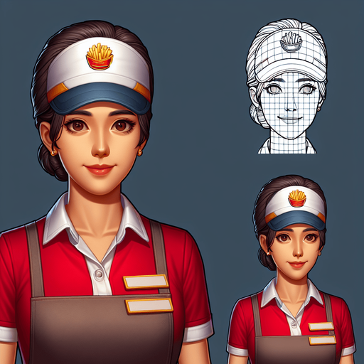 fast food employee.
Single Game Texture.  In-Game asset.  2d.  Blank background.  High contrast.  No shadows