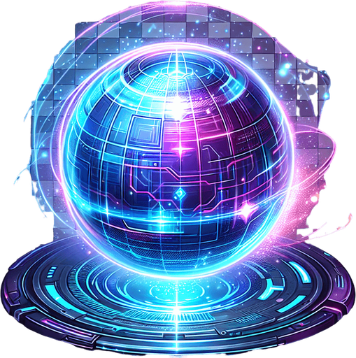 A glowing neon energy orb, futuristic collectible, electric blue and violet gradients, soft light emission, metallic core, floating in mid-air over a digital grid, emitting holographic particles, synthwave cyberpunk aesthetic, ultra-high definition, transparent background..
Single Game Texture.  In-Game asset.  2d.  Blank background.  High contrast.  No shadows