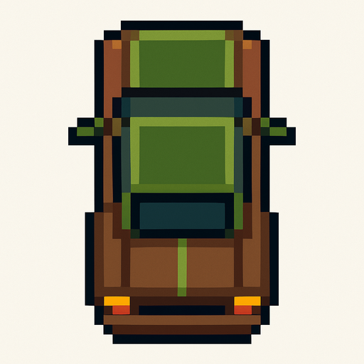 Draw 2d pixel car top view brown+green.
In-Game asset.  2d.  High contrast.  No shadows