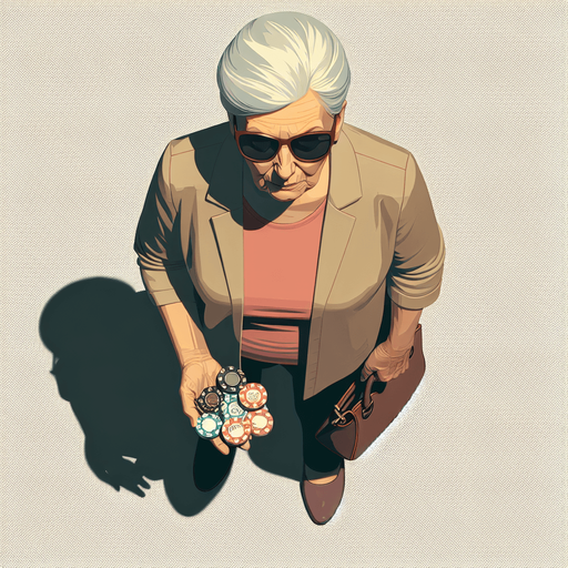Top down image of an old lady carrying poker tokens wearing sunglasses. Single Game Texture. In-Game asset. 2d. Blank background. High contrast. No shadows.