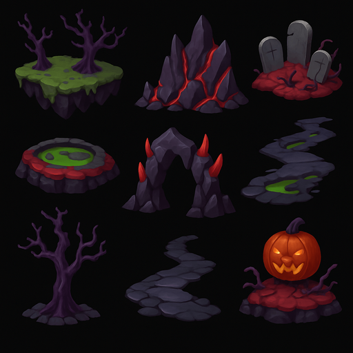 pack of a scary terrain assets for game platform, horizontal, different shapes, HD colors.
In-Game asset.  2d.  High contrast.  No shadows