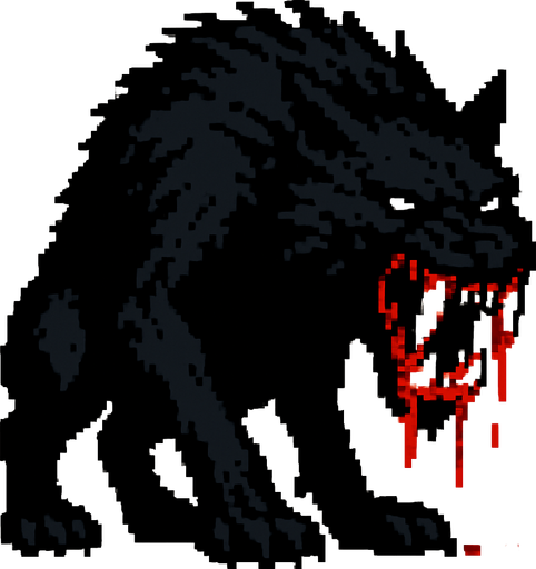 a large black beast with fangs sharpened with blood pixel art style.
In-Game asset.  High contrast.  No shadows