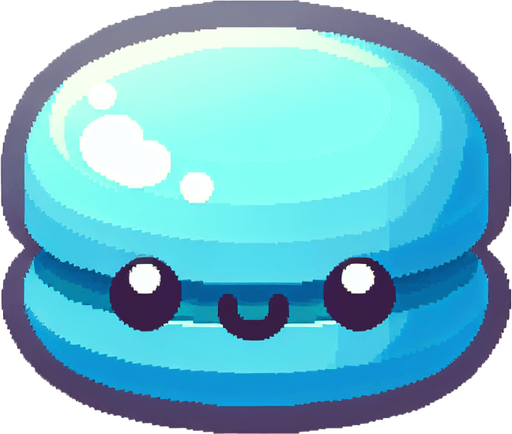 macaron bleu avec un visage mignon..
Single Game Texture.  In-Game asset.  2d.  Blank background.  High contrast.  No shadows