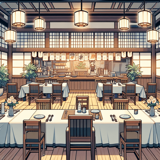 A restaurant background in a anime style.
Single Game Texture. In-Game asset. 2d. Blank background. High contrast. No shadows.