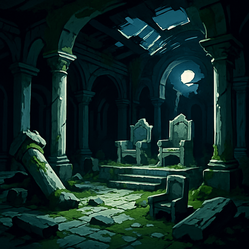 A crumbling forgotten palace with fallen pillars, moss overtaking marble, broken thrones and moonlight through shattered roof, realistic.
In-Game asset.  2d.  High contrast.  No shadows