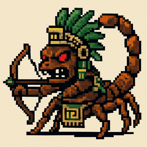 Genérame una Escorpion Colombiano guerrero azteca con eso patrones, estilo pixelar, con una apariencia maligna, ojos rojos, rabioso. Unidad a distancia, con un arco o cerbatana. Animal.
In-Game asset.  2d.  High contrast.  No shadows