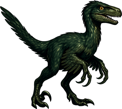 A sleek Deinonychus dinosaur covered with dark green and brown feathers, showing a mix of short downy feathers on the body and longer, quill-like feathers on the arms and tail. It has bright, alert eyes and a narrow head with sharp teeth visible. The legs are muscular with the signature sickle-shaped claws. Feathers have a glossy texture, giving the dinosaur a dynamic, bird-like appearance..
In-Game asset.  2d.  High contrast.  No shadows
