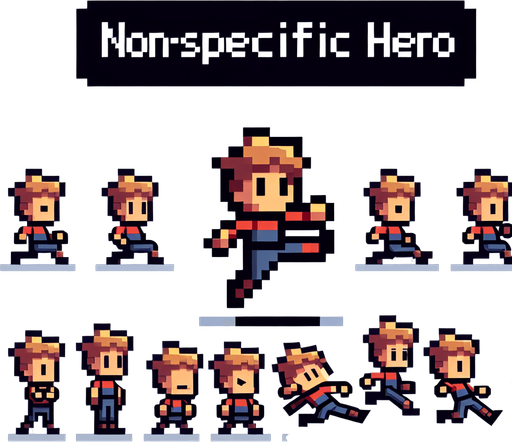 pixelate game hero character, in idle animations, jumping animations, and running animations.
Single Game Texture. In-Game asset. 2d. Blank background. High contrast. No shadows.