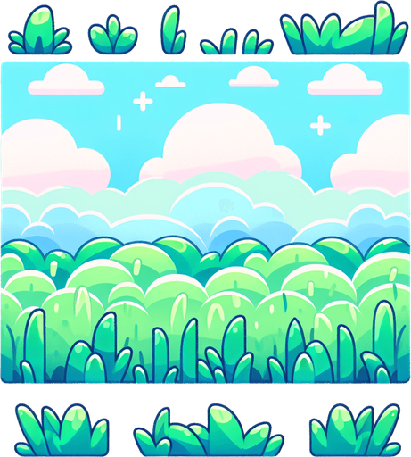 kawaii style grass feild backdrop.
Single Game Texture. In-Game asset. 2d. Blank background. High contrast. No shadows.
