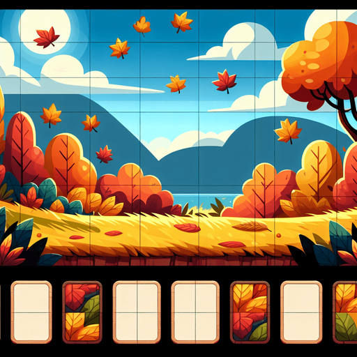 A background image for a puzzle video game depicting the season of fall. Cartoon.
Single Game Texture. In-Game asset. 2d. Blank background. High contrast. No shadows.