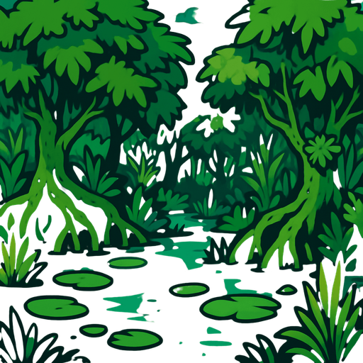 A swampy background with mangrove trees and overall overgrown but lush aesthetics.
In-Game asset.  2d.  High contrast.  No shadows