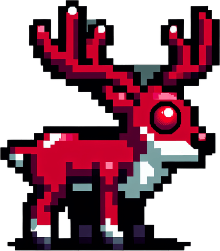 16 bit sprite of a red eye reindeer Single Game Texture. In-Game asset. 2d. Blank background. High contrast. No shadows.