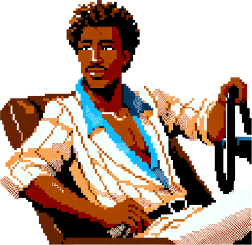 pixel art image of a 30-year-old cool-looking driver guy in a vintage retro 1980s style, depicted in a 3/4 view. The driver should be leaning back casually, exuding confidence and style, with one hand on the wheel as if driving. Single Game Texture. In-Game asset. 2d. Blank background. High contrast. No shadows.