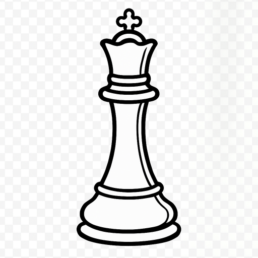 Create a refined and graceful white queen chess piece image with a transparent background. It should have clear black outlines and a classic design, easily distinguishable from other pieces. The style must fit a minimalist black-and-white chessboard. Output as a PNG with transparency..
In-Game asset.  2d.  High contrast.  No shadows