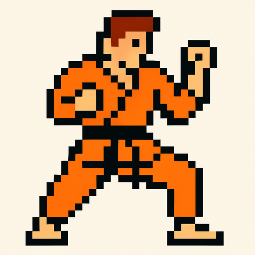 An orange fighter karate 8 bit style.
In-Game asset.  2d.  High contrast.  No shadows