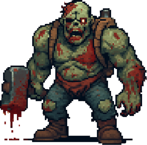 Post Apocalyptic boss zombie pixel art less pixel.
In-Game asset.  2d.  High contrast.  No shadows