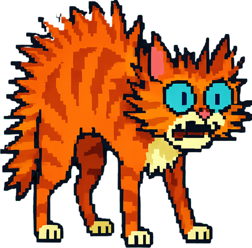 el gato asustado arqueado con los pelos parados con el mismo estilo pixel art
