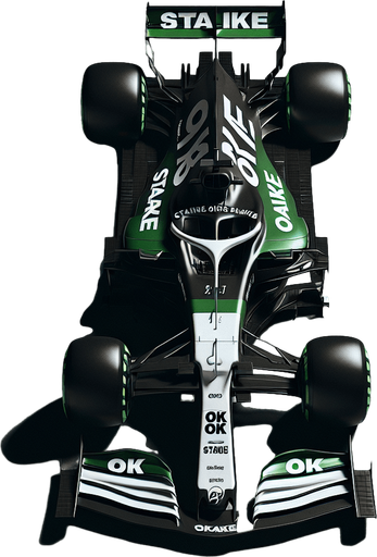 Photorealistic f1 race car, Top view. Black and grassgreen painted body. White "Staike" text on rear wing. OK OK texts on front wing.