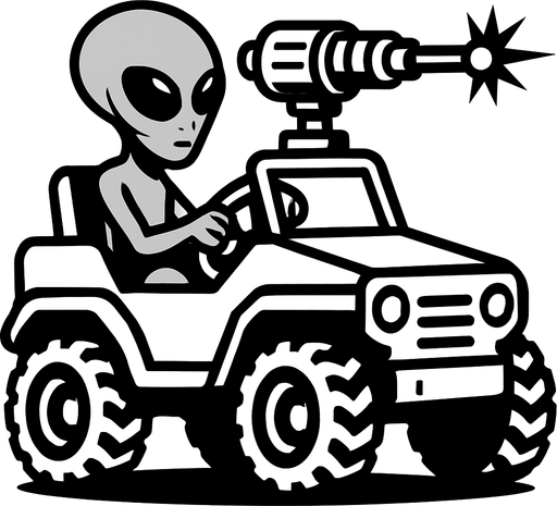 Grey alien driving a moon buggy space car with a laser cannon mounted on the roof.
In-Game asset.  2d.  High contrast.  No shadows