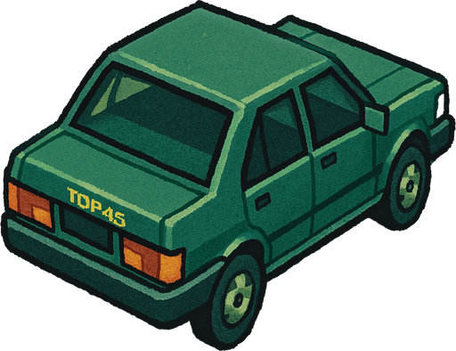 Tofaş turkish car, seen from behind 45 degree to the right

Top-down, gta2, Single Game Texture. In-Game asset. 2d. Blank background. High contrast. No shadows.isometric