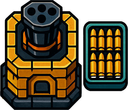 torre con 1 cañon con las balas de minigun desde arriba.
In-Game asset.  2d.  High contrast.  No shadows