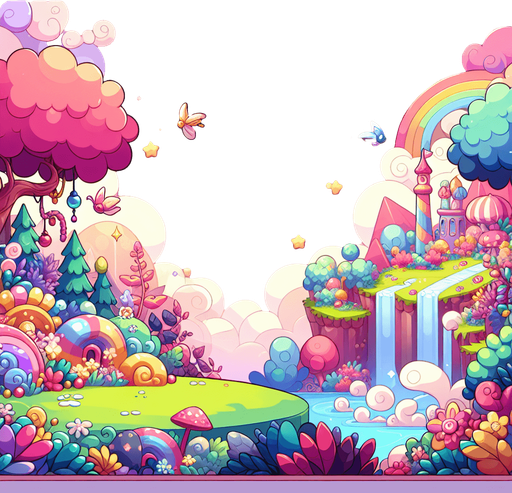 a magical landscape of wonder and joy.
Single Game Texture. In-Game asset. 2d. Blank background. High contrast. No shadows.