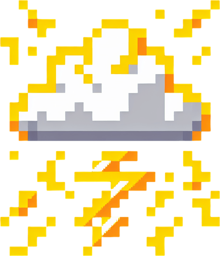 8-bit cloud with lightning. in game asset. white cloude. yellow lighning. Single Game Texture. In-Game asset. 2d. Blank background. High contrast. No shadows.