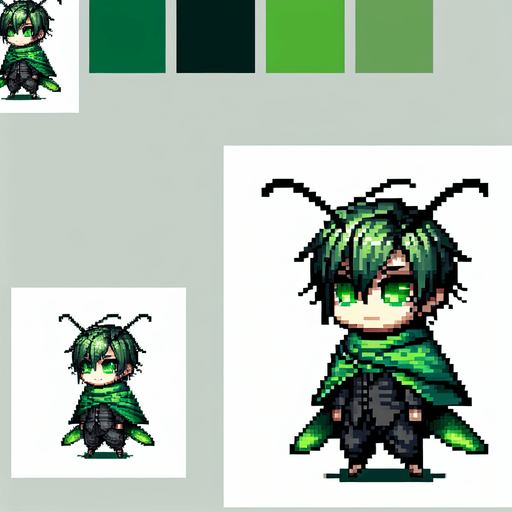 chibi 8 bit image green hopper insect anime protagonist.
Single Game Texture.  In-Game asset.  2d.  Blank background.  High contrast.  No shadows