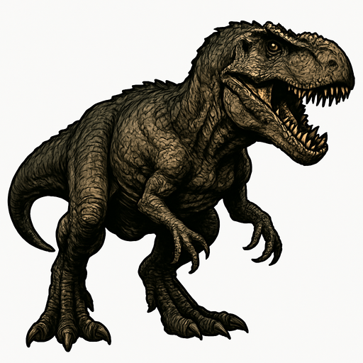 A massive Giganotosaurus dinosaur with rough, dark brown and gray scaly skin. It has a large, powerful head with sharp teeth visible in a slightly open mouth. The muscular body shows visible muscle definition and thick, tough skin. The claws are sharp, and the stance is aggressive and dominant..
In-Game asset.  2d.  High contrast.  No shadows