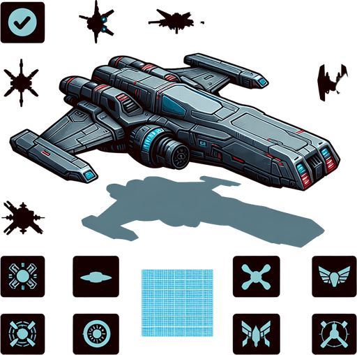 Космический корабль, без фона.
Single Game Texture. In-Game asset. 2d. Blank background. High contrast. No shadows.