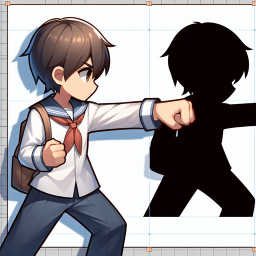 A school kid ready to punch.
Single Game Texture.  In-Game asset.  2d.  Blank background.  High contrast.  No shadows