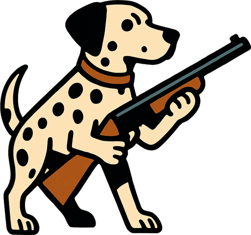 dalmation dog holding a gun.
In-Game asset.  2d.  High contrast.  No shadows. hunting