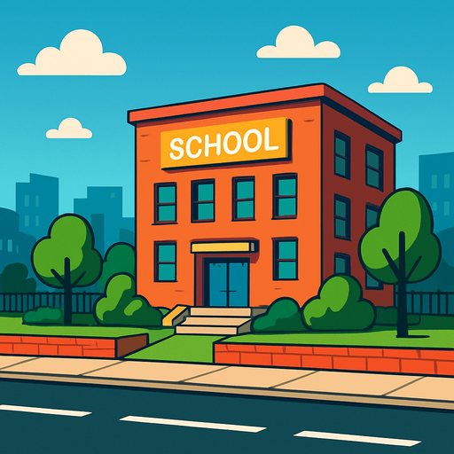 “school street background”, “urban cartoon street”, “2D schoolyard”.
In-Game asset.  2d.  High contrast.  No shadows