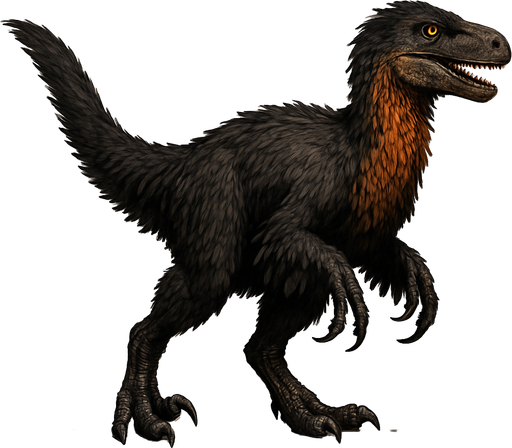 A large, realistic Utahraptor dinosaur covered in dense, shaggy feathers. The plumage is a mix of dark brown, black, and rusty orange along the neck and tail. It has long, powerful legs with a signature sickle-shaped claw on each foot, and feathered arms resembling wings. The head is narrow with a curved snout, sharp teeth visible, and piercing amber eyes. The long tail is covered in sleek feathers, giving balance and a bird-like appearance..
In-Game asset.  2d.  High contrast.  No shadows