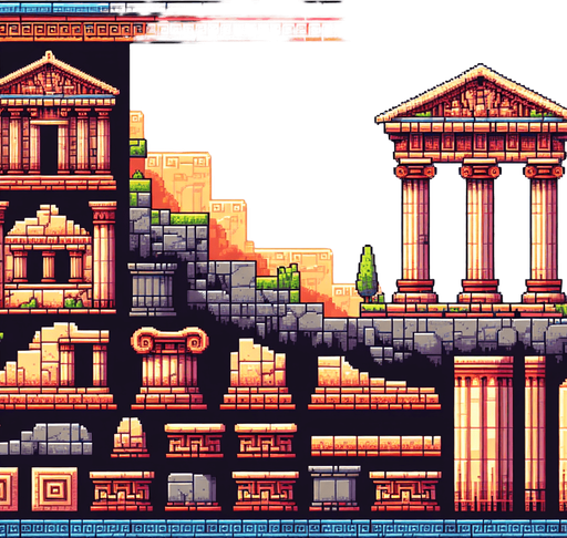Ancient greece background pixel style ruins.
Single Game Texture.  In-Game asset.  2d.  Blank background.  High contrast.  No shadows