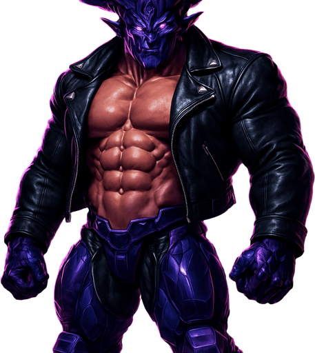 Black leather biker jacket longsleeves shirtless muscles pecs abs hunky demon cyborg robot mecha cyberpunk neon manga futuristic monster stud beefcake