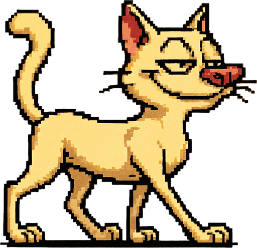 Gato con el estilo pixel art de earthworm jim mezcla con ren y stimpy, gracioso y soberbio pero adorable, caminando en cuatro patas, alto , visto de perfil, es un gato bellisimo de exposicion con pelaje suave y el lo sabe
In-Game asset.  2d.  High contrast.  No shadows