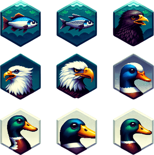A sprite sheet for game icons featuring a fish, an eagle and a mallard. Hexagon icons featuring the head of animal. 
Single Game Texture. In-Game asset. 2d. Blank background. High contrast. No shadows.