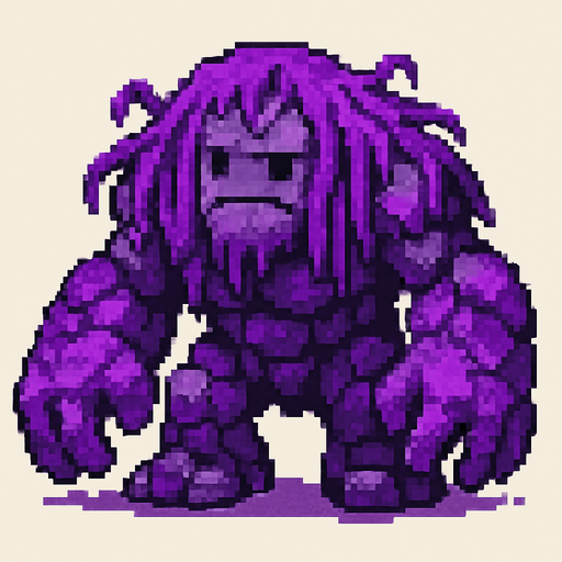 Genera una imagen de un monstruo corrupto morado de piedra qué no sea tan terrorífico, y que sea pixel.Y qué tenga manos grandes, y torso y que la cabeza no sea tan terrorífico, y no le ponga ojos perturbadores, y que su cabeza sea de un tamaño moderado no muy grande, que algo que si sea grande sea sus brazos, y que tenga algas moradas y que tenga algunas piedras moradas y otras piedras que no sean moradas qué sean grises 
In-Game asset.  2d.  High contrast.  No shadows.
