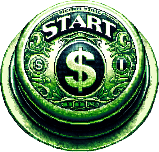 face view of a big start button in the shape of a dollar bill.
video game style